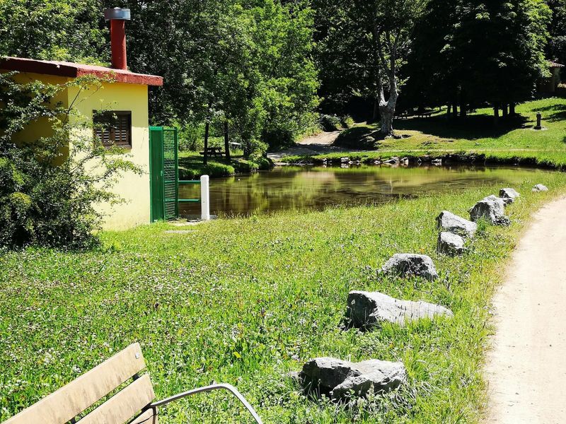 El lago de Asentzio con la caseta amarilla y el merendero entre los árboles