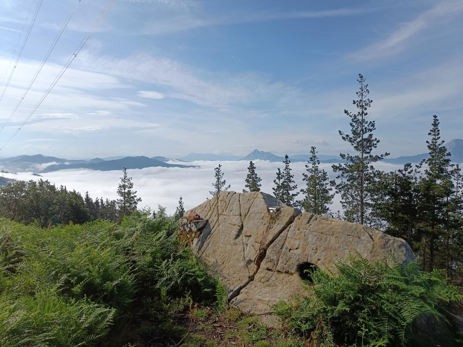 Gran roca en un claro del bosque, con el valle entre niebla al fondo