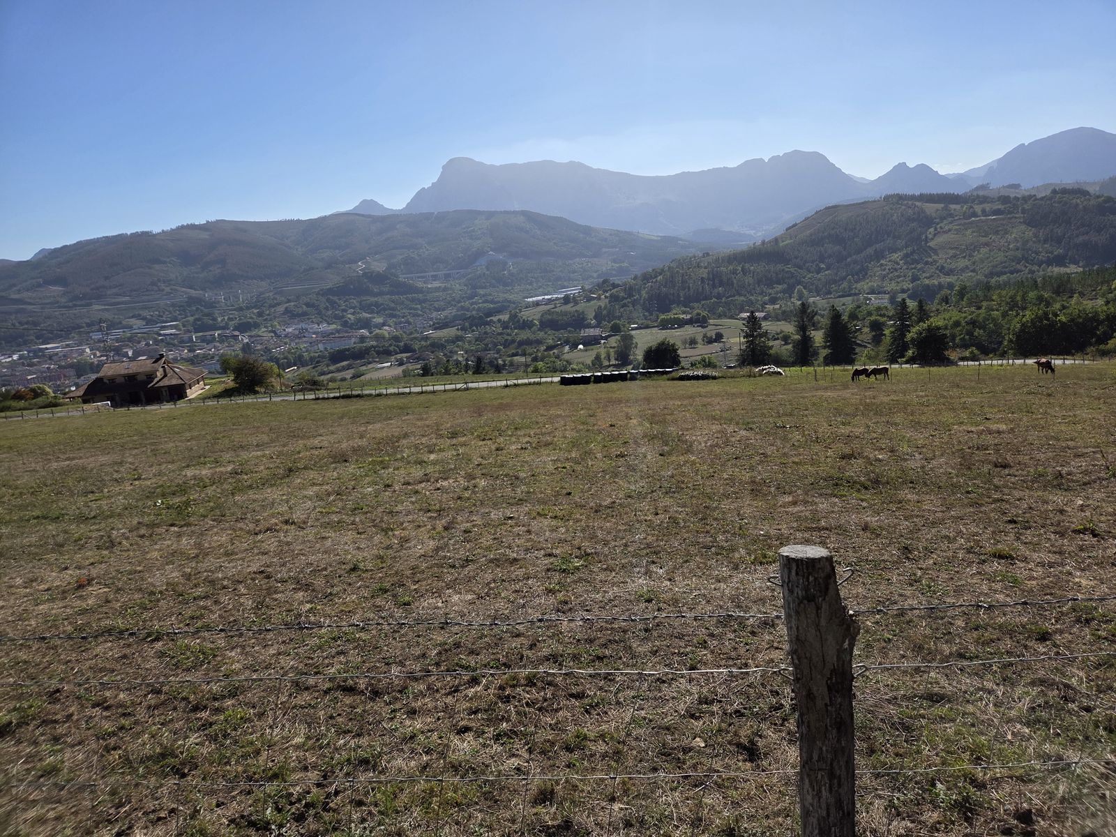 Panor&aacute;mica hacia Elorrio y el Duranguesado desde el barrio de Mendraca, con caballos pastando