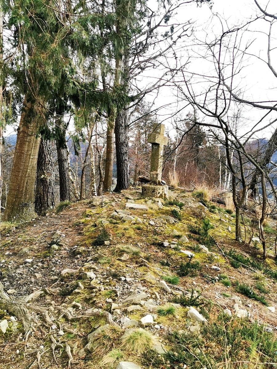 Una cruz de piedra entre pinos, en uno de los altos de la ruta
