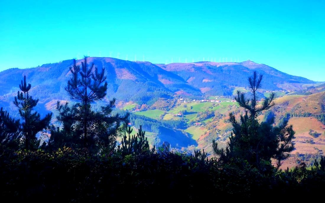 Vista de los montes del entorno con los aerogeneradores del Oiz al fondo, y el valle con caseríos en primer plano, entre pinos jóvenes