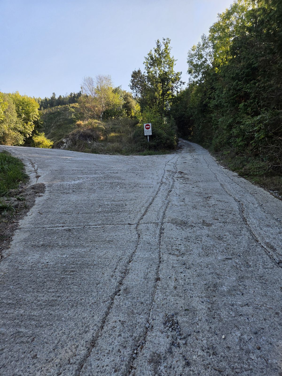 Zementuzko pista zuhaitzen artetik gora, sarrera debekatua dagoela dioen seinale batekin atzealdean
