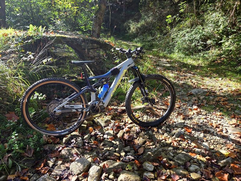 La e-bike apoyada junto a un puente de piedra de un solo arco, sobre el cauce cubierto de hojas secas