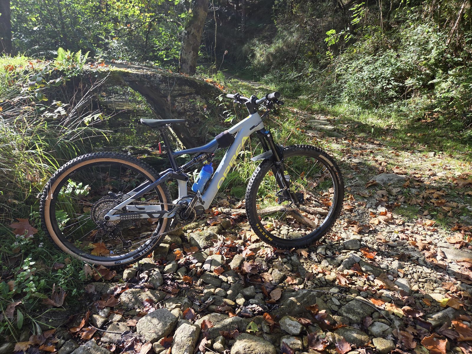 E-bikea arku bakarreko harrizko zubi baten ondoan bermatuta, hosto lehorrez estalitako ibilguaren gainean