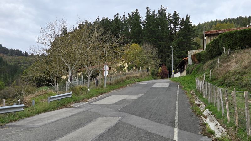Carretera estrecha con parches de cemento subiendo entre caseríos hacia Zengotita