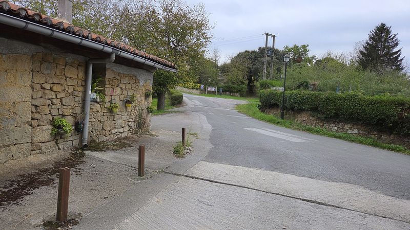 Calle de Garai, con un caserío de piedra, la farola y el seto de la esquina
