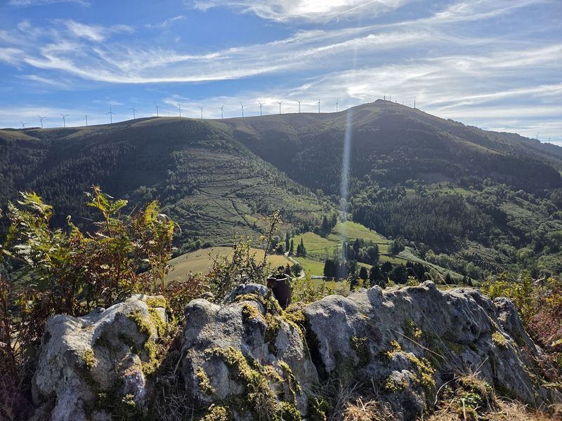 Vista del cordal con la fila de aerogeneradores y las antenas de la cima al fondo, tras un muro de piedra entre helechos