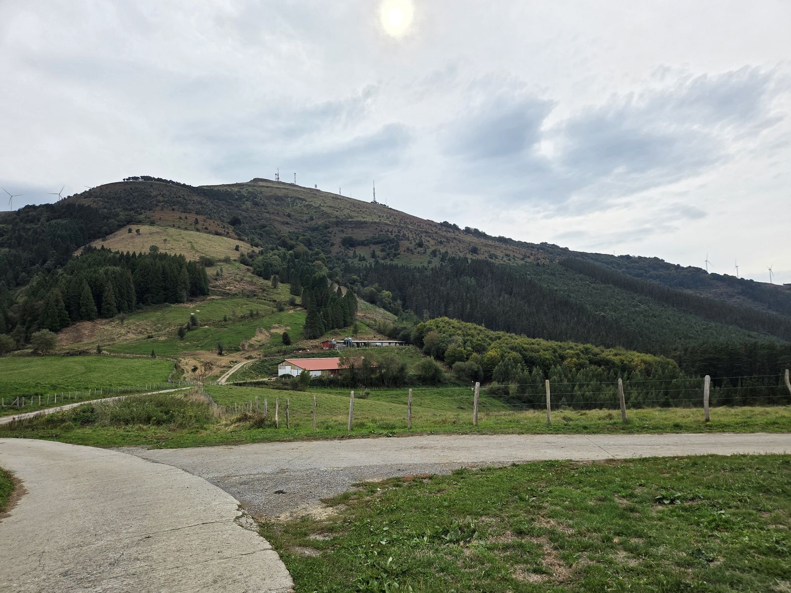 Zementuzko pisten bidegurutzea soroen artean, abeltegi bat eta Oizko magala