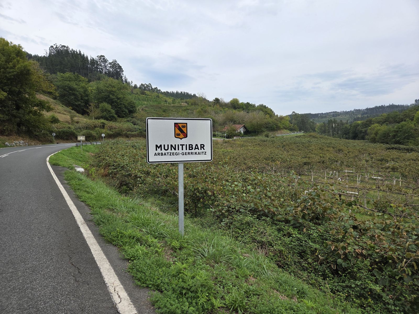 Munitibar Arbatzegi-Gerrikaitzeko sarrera-kartela errepide ondoan, parran hazitako landaketa baten aldamenean