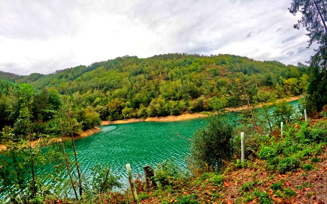 El embalse de Aixola, con el agua verde entre las laderas de bosque