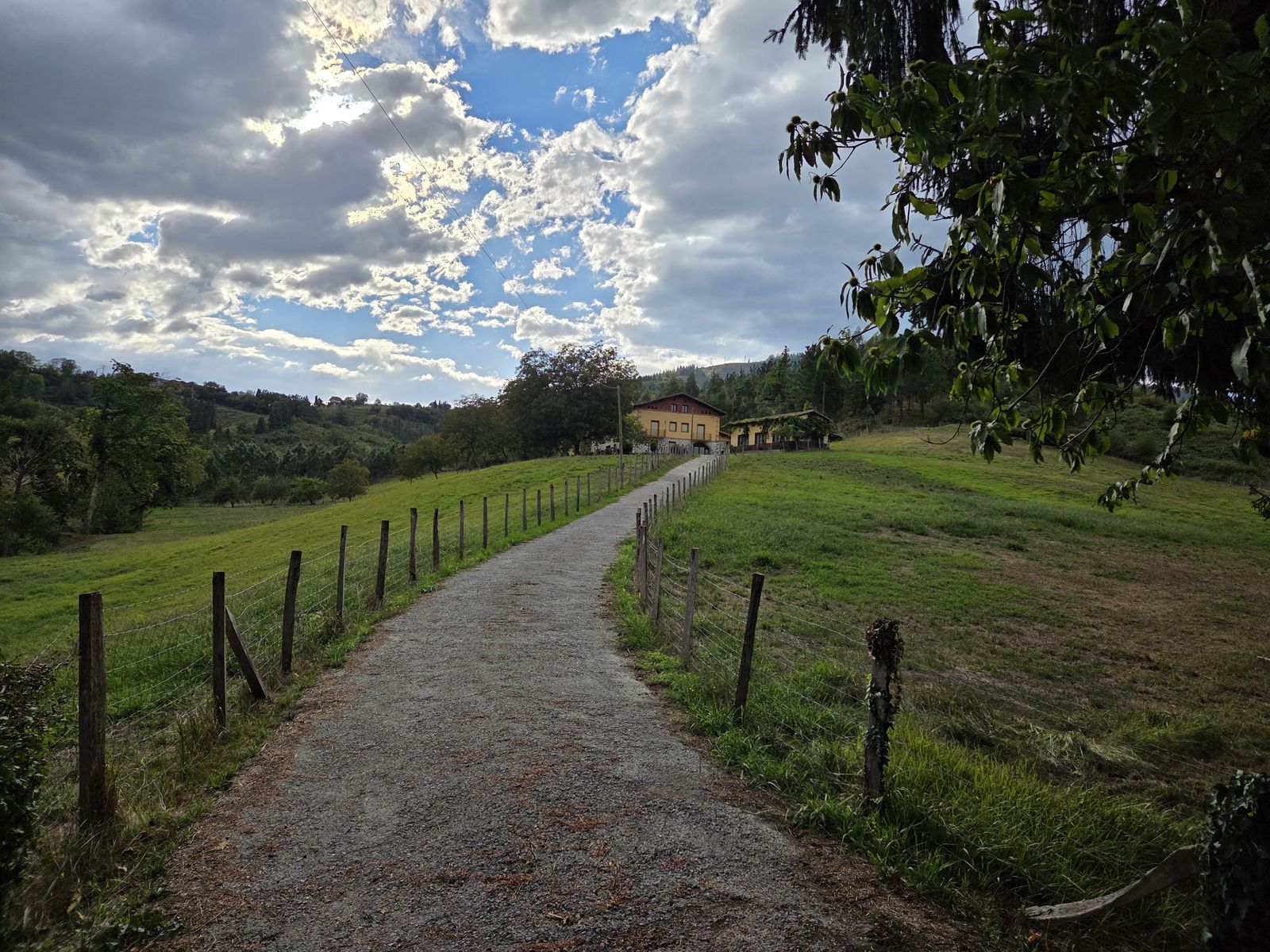 Camino junto a una valla, con un caser&iacute;o al fondo entre &aacute;rboles