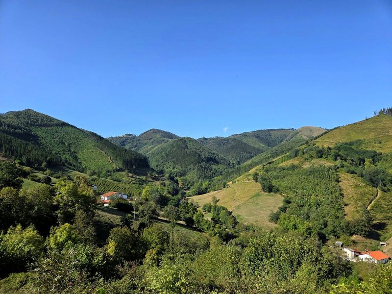 Vista panorámica del valle con un caserío blanco entre bosque y prados