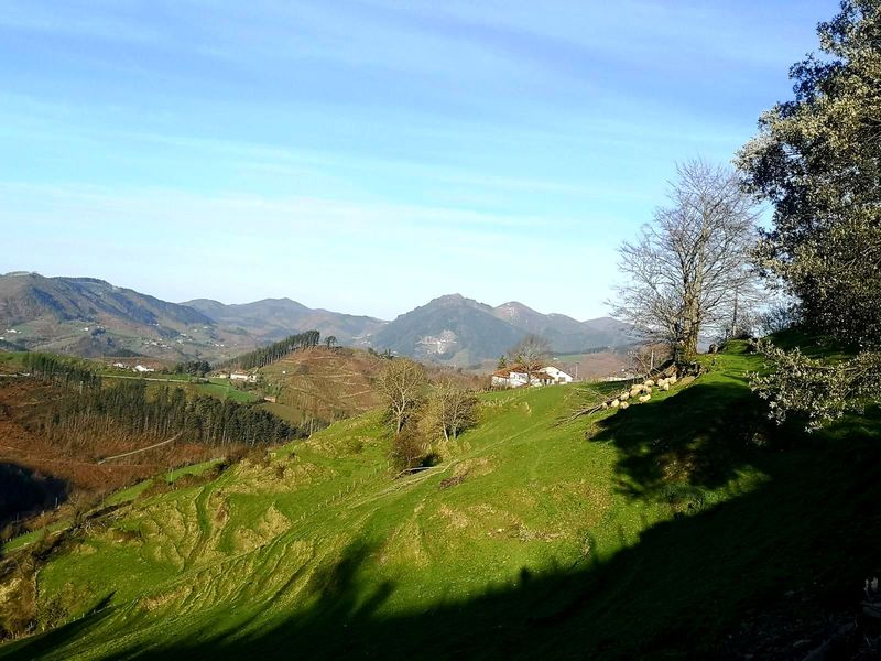 Caser&iacute;o blanco y ovejas entre prados verdes, con los montes al fondo