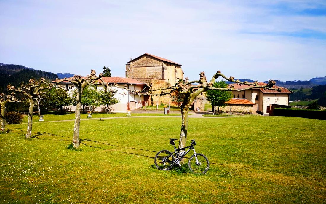 Bicicleta de montaña apoyada en un árbol frente al monasterio de Zenarruza, con árboles podados en primer plano
