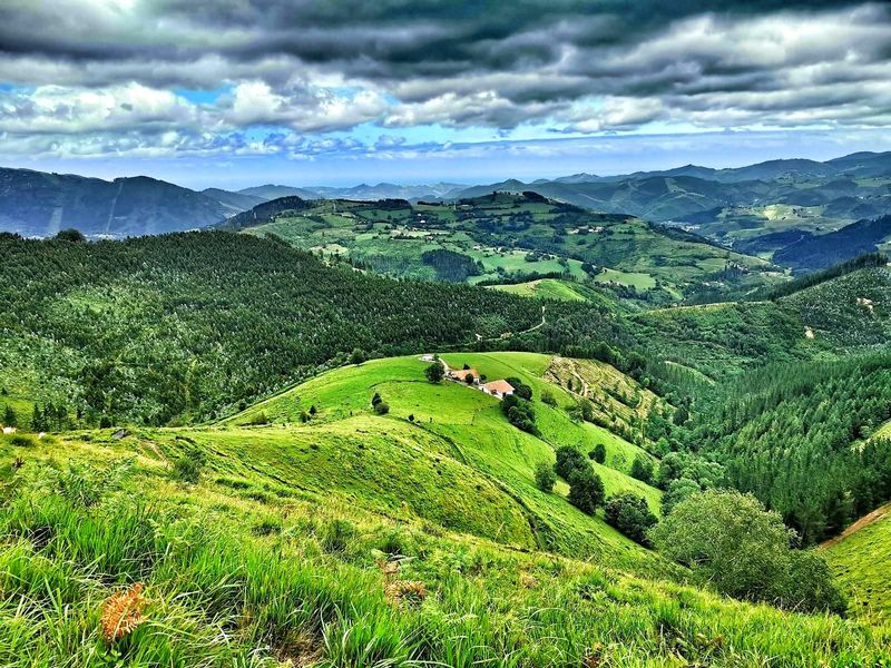 Vista de un caser&iacute;o en el valle, rodeado de prados y bosque