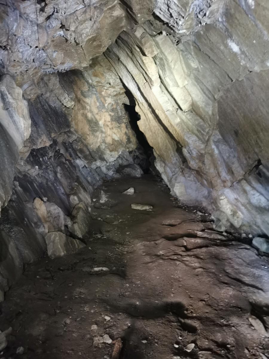 Galer&iacute;a interior de la cueva, con paredes de roca estratificada