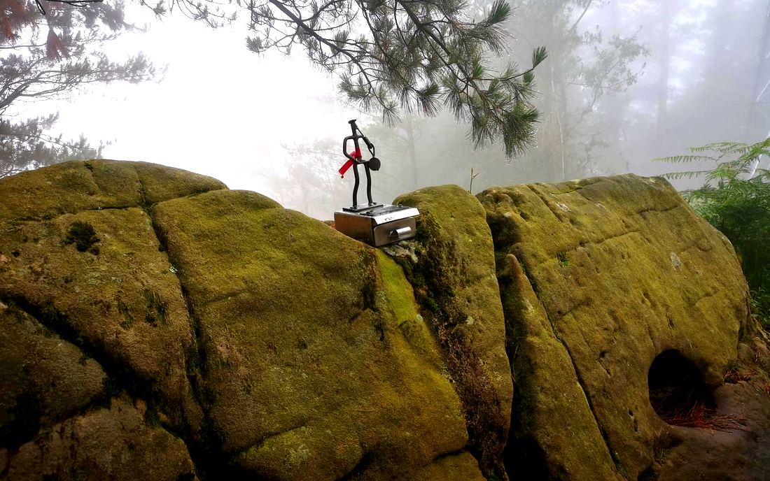 Pequeña escultura de alambre sobre una roca musgosa, entre la niebla y los pinos