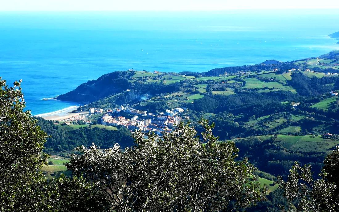 Deba y su playa vistas desde lo alto de Arno, con el mar al fondo entre las ramas de una encina