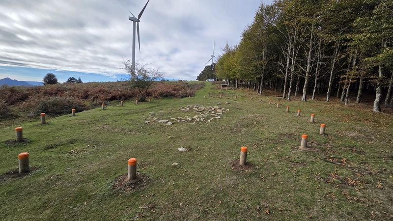 Iturzurigainako trikuharria, harri-pila bat punta laranjako zutoinez inguratuta, pagadiaren eta eolikoen ondoan